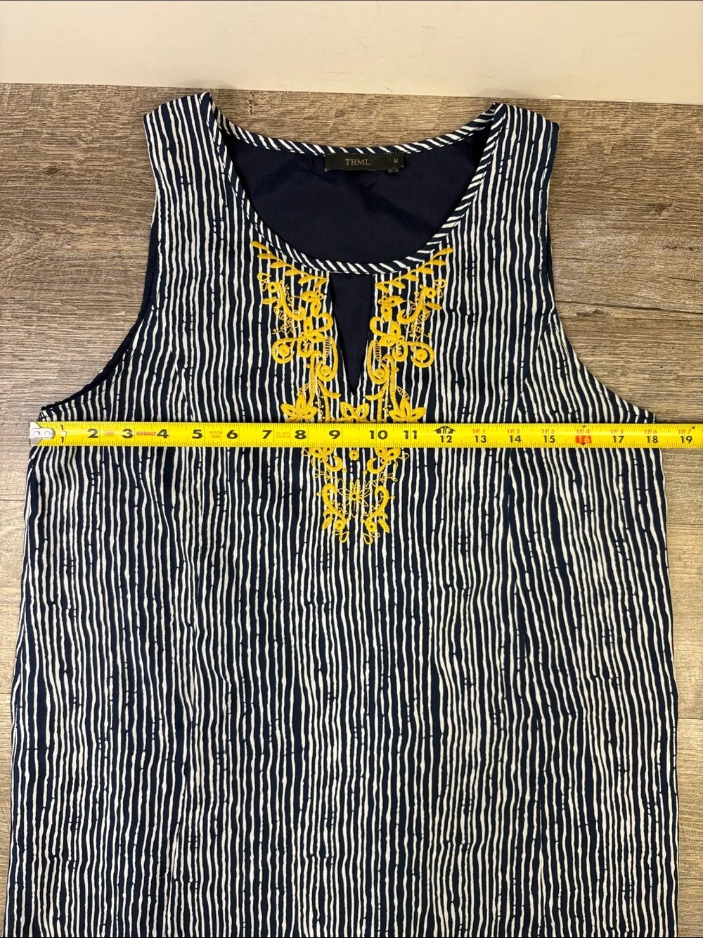 THML Embroidered Striped Shift Dress Navy & White with Mustard Embroidery Medium - Picture 10 of 12